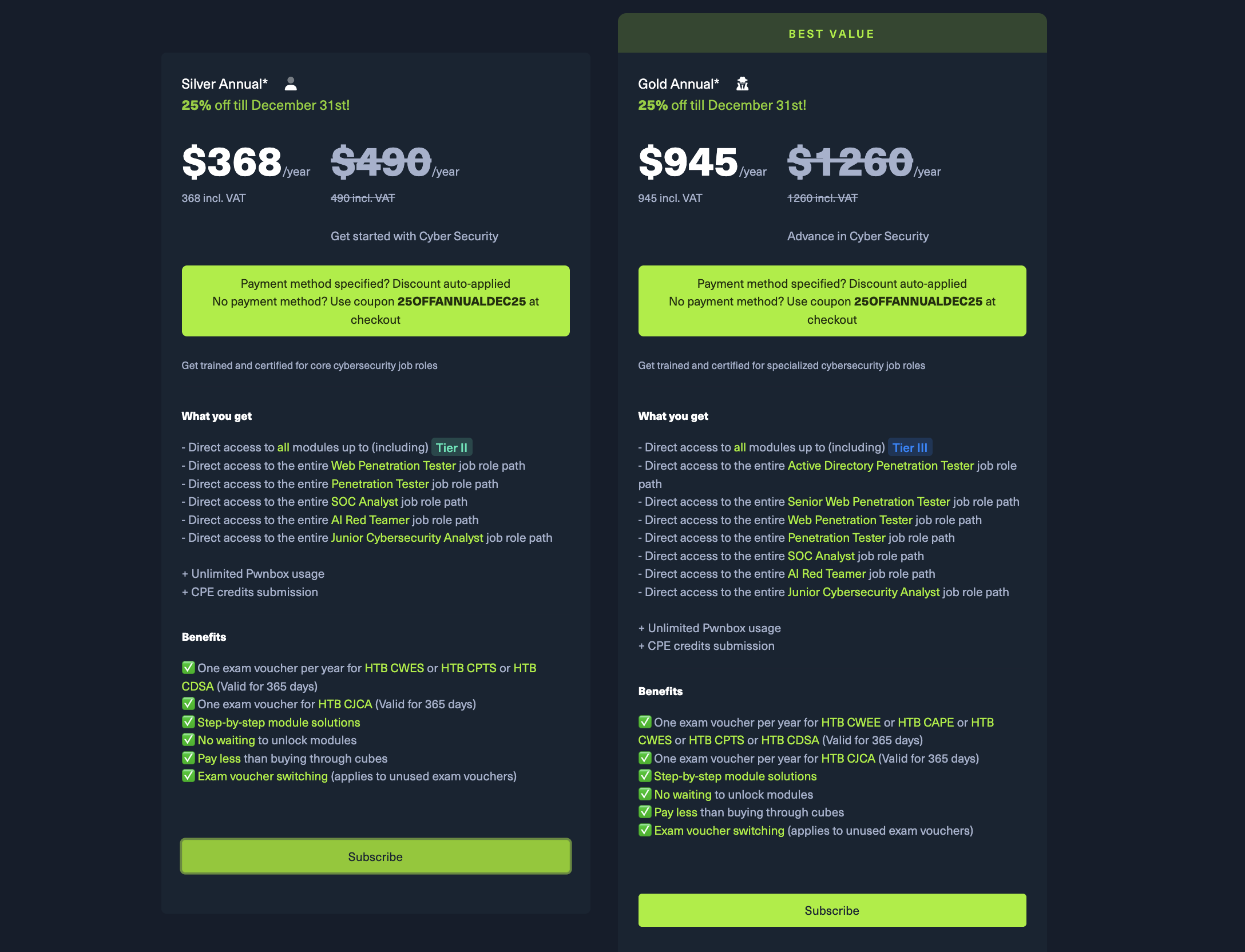 HTB Silver Annual Subscription